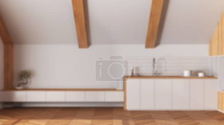 Foto de Fondo borroso, cocina de madera mínima con techo inclinado y parquet de espiga. Armarios y electrodomésticos. Japonés estilo escandinavo, ático de diseño de interiores - Imagen libre de derechos