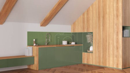 Photo for Attic interior design, minimal kitchen with sloping wooden ceiling and oak parquet floor in white and green tones. Cabinets and appliances. Japandi scandinavian style - Royalty Free Image