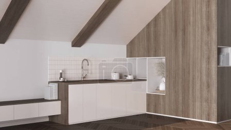 Photo for Attic interior design, minimal kitchen with sloping dark wooden ceiling and oak parquet floor in white tones. Cabinets and appliances. Japandi scandinavian style - Royalty Free Image
