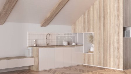 Photo for Attic interior design, minimal kitchen with sloping bleached wooden ceiling and oak parquet floor in white tones. Cabinets and appliances. Japandi scandinavian style - Royalty Free Image