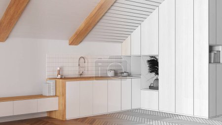 Photo for Architect interior designer concept: hand-drawn draft unfinished project that becomes real, minimal kitchen with sloping wooden ceiling and oak parquet floor. Japandi style - Royalty Free Image