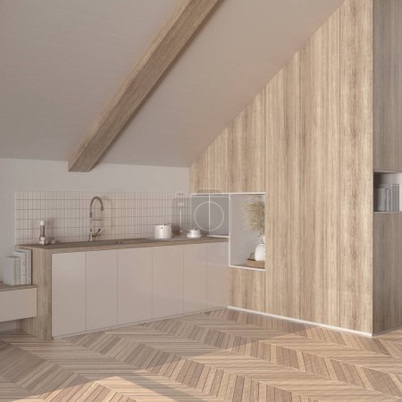 Photo for Minimal bleached wooden kitchen in white tones. Cabinets and accessories, sloping ceiling and herringbone parquet floor. Japandi interior design - Royalty Free Image