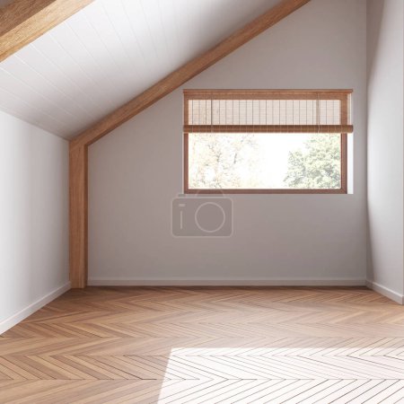Photo for Empty room interior design, open space with parquet floor, wooden sloping ceiling and panoramic windows, white walls, modern japandi architecture concept idea - Royalty Free Image
