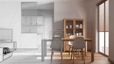 Téléchargez les photos : Architecte concept d'architecte d'intérieur : dessin à la main projet inachevé qui devient réel, salle à manger et salon. Table avec chaises, cloison au-dessus de la cuisine. Style minimal - en image libre de droit