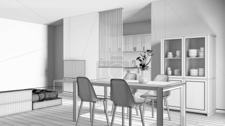 Téléchargez les photos : Blueprint projet inachevé brouillon, japandi blanchi salle à manger en bois et salon. Table avec chaises, cloison sur cuisine scandinave. Style minimal - en image libre de droit