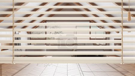 Photo for White venetian blinds close up view, over minimalist wooden bedroom and bathroom. Canopy bed and bathtub, interior design, privacy concept - Royalty Free Image