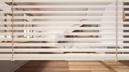 Photo for White venetian blinds close up view, over kitchen and living room with staircase, cabinets, sofa and appliances, minimal interior design, privacy concept - Royalty Free Image