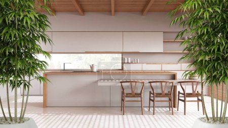 Téléchargez les photos : Intérieur zen avec plante de bambou en pot, concept de design intérieur naturel, salon minimal dans un appartement penthouse, architecture de style japandi - en image libre de droit