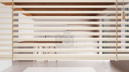 Photo for White venetian blinds close up view, over minimal kitchen with island and chairs. Interior design, privacy concept - Royalty Free Image