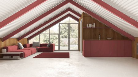 Téléchargez les photos : Mezzanine moderne dans les tons blanc et rouge, cuisine et salon avec canapé. Poutres de fer et sol en résine. Fenêtre panoramique avec fond de jardin. Design intérieur minimaliste - en image libre de droit