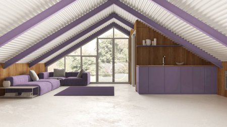 Téléchargez les photos : Mezzanine moderne dans les tons blanc et violet, cuisine et salon avec canapé. Poutres de fer et sol en résine. Fenêtre panoramique avec fond de jardin. Design intérieur minimaliste - en image libre de droit