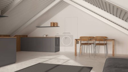 Téléchargez les photos : Penthouse minimaliste dans des tons blancs et gris. Cuisine, salon et salle à manger avec canapé et table. Murs en bois, poutres en fer et sol en résine. Design d'intérieur moderne - en image libre de droit