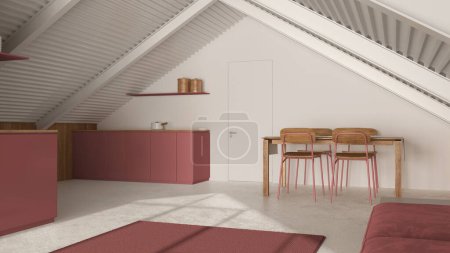 Téléchargez les photos : Penthouse minimaliste dans les tons blanc et rouge. Cuisine, salon et salle à manger avec canapé et table. Murs en bois, poutres en fer et sol en résine. Design d'intérieur moderne - en image libre de droit