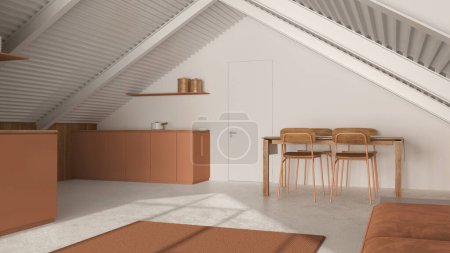Téléchargez les photos : Penthouse minimaliste dans les tons blanc et orange. Cuisine, salon et salle à manger avec canapé et table. Murs en bois, poutres en fer et sol en résine. Design d'intérieur moderne - en image libre de droit
