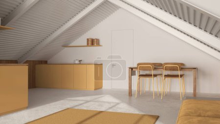 Téléchargez les photos : Penthouse minimaliste dans les tons blanc et jaune. Cuisine, salon et salle à manger avec canapé et table. Murs en bois, poutres en fer et sol en résine. Design d'intérieur moderne - en image libre de droit