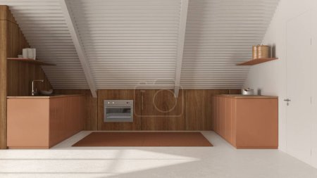 Téléchargez les photos : Mezzanine mansarde moderne dans les tons blanc et orange, cuisine avec armoires et appareils électroménagers. Poutres de fer et sol en résine. Design intérieur minimaliste - en image libre de droit