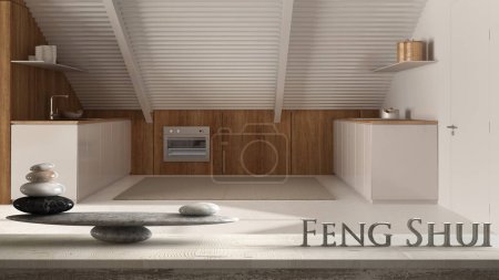 Téléchargez les photos : Tablette vintage en bois avec équilibre en pierre et lettres 3D rendant le mot feng shui sur une cuisine blanche mansarde minimale, design d'intérieur zen concept - en image libre de droit