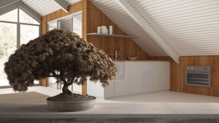Téléchargez les photos : Étagère de table en bois vintage avec fleurs en pot bonsaï, feuilles beiges, fleurs, design intérieur de cuisine minimal, armoires et étagères, idée de concept d'architecture zen - en image libre de droit