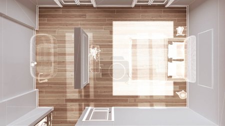 Téléchargez les photos : Intérieur blanc vide avec parquet, projet de design d'architecture personnalisé, croquis à l'encre blanche, plan montrant une salle de bain et une chambre minimales, design d'intérieur japandi, vue sur le dessus - en image libre de droit