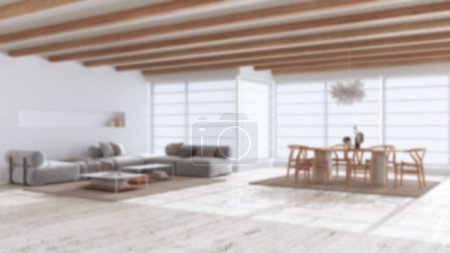 Téléchargez les photos : Fond flou, salon et salle à manger minimaliste en bois moderne avec canapé et table. Sol en marbre calcaire et plafond poutres. Japandi design d'intérieur - en image libre de droit
