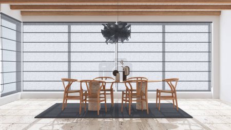 Téléchargez les photos : Minimale salle à manger moderne en bois avec table et chaises dans des tons blancs et gris. Sol en marbre calcaire et plafond poutres. Design intérieur élégant - en image libre de droit