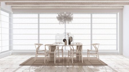Téléchargez les photos : Minimale salle à manger moderne en bois blanchi avec table et chaises dans des tons blancs et beiges. Sol en marbre calcaire et plafond poutres. Design intérieur élégant - en image libre de droit