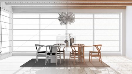Téléchargez les photos : Architecte concept d'architecte d'intérieur : dessin à la main projet inachevé qui devient réel, salle à manger en bois moderne minimale avec table et chaises. Poutres plafond. Style élégant - en image libre de droit
