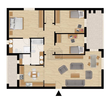 Appartement vue de dessus plat, meubles et décors, plan, design d'intérieur de section transversale, idée de concept architecte, fond blanc
