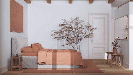 Téléchargez les photos : Chambre nordique scandinave en bois avec lit double dans les tons blanc et orange. Parquet plancher et poutres plafond. Japandi design d'intérieur - en image libre de droit