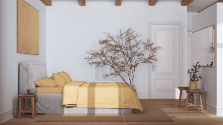 Téléchargez les photos : Chambre nordique scandinave en bois avec lit double dans les tons blanc et jaune. Parquet plancher et poutres plafond. Japandi design d'intérieur - en image libre de droit