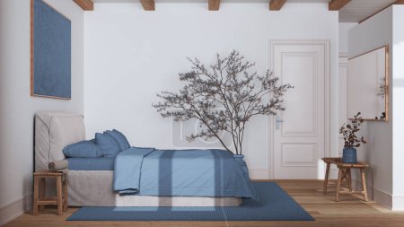 Téléchargez les photos : Chambre nordique scandinave en bois avec lit double dans les tons blanc et bleu. Parquet plancher et poutres plafond. Japandi design d'intérieur - en image libre de droit