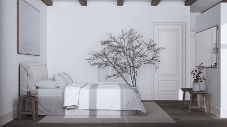 Téléchargez les photos : Chambre scandinave nordique en bois foncé avec lit double dans les tons blanc et beige. Parquet plancher et poutres plafond. Japandi design d'intérieur - en image libre de droit