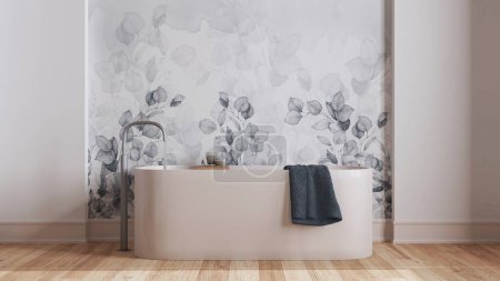 Téléchargez les photos : Salle de bain en bois nordique minimaliste dans des tons blancs et gris. Baignoire autoportante, papier peint et décors. Design d'intérieur scandinave - en image libre de droit