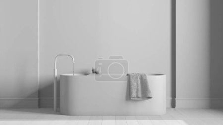 Téléchargez les photos : Projet blanc total brouillon, salle de bain en bois nordique minimaliste fermer. Baignoire autoportante, papier peint et décors. Design d'intérieur scandinave - en image libre de droit