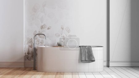 Téléchargez les photos : Architecte concept d'architecte d'intérieur : dessin à la main projet inachevé qui devient réel, minimaliste salle de bain en bois nordique fermer. Style scandinave - en image libre de droit