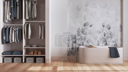 Téléchargez les photos : Salle de bain en bois nordique minimaliste avec dressing dans des tons blancs et gris. Baignoire autoportante, papier peint et décors. Design d'intérieur scandinave - en image libre de droit