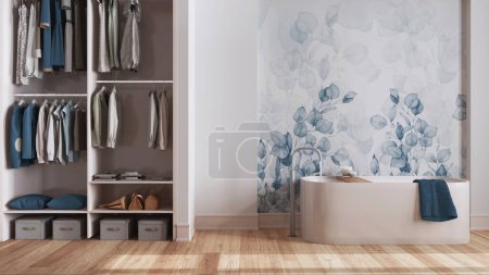 Téléchargez les photos : Salle de bain en bois nordique minimaliste avec dressing dans les tons blanc et bleu. Baignoire autoportante, papier peint et décors. Design d'intérieur scandinave - en image libre de droit