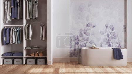 Téléchargez les photos : Salle de bain en bois nordique minimaliste avec dressing dans des tons blancs et violets. Baignoire autoportante, papier peint et décors. Design d'intérieur scandinave - en image libre de droit