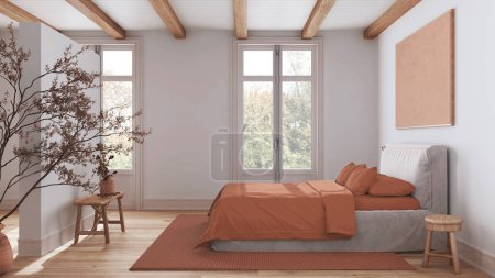 Téléchargez les photos : Chambre nordique scandinave en bois dans les tons blanc et orange. Lit double avec couette et décors. Poutres plafond et parquet. Japandi design d'intérieur - en image libre de droit
