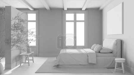 Téléchargez les photos : Projet blanc total, scandinave chambre en bois nordique. Lit double avec couette et décors. Poutres plafond et parquet. Japandi design d'intérieur - en image libre de droit