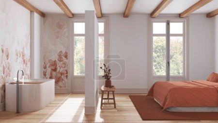 Téléchargez les photos : Suite spa en bois nordique minimaliste dans les tons blanc et orange. Chambre et salle de bain avec baignoire. Parquet et poutres plafond. Design d'intérieur scandinave - en image libre de droit