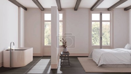 Téléchargez les photos : Suite spa en bois sombre nordique minimaliste dans les tons blanc et beige. Chambre et salle de bain avec baignoire. Parquet et poutres plafond. Design d'intérieur scandinave - en image libre de droit