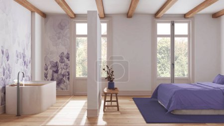 Téléchargez les photos : Suite spa en bois nordique minimaliste dans les tons blanc et violet. Chambre et salle de bain avec baignoire. Parquet et poutres plafond. Design d'intérieur scandinave - en image libre de droit