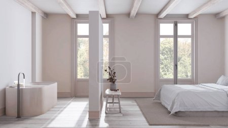 Téléchargez les photos : Suite spa en bois blanchie nordique minimaliste dans les tons blanc et beige. Chambre et salle de bain avec baignoire. Parquet et poutres plafond. Design d'intérieur scandinave - en image libre de droit