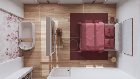 Téléchargez les photos : Chambre nordique scandinave en bois et salle de bain dans les tons blanc et rouge. Lit double et baignoire, dressing. Vue du dessus, plan, au-dessus. Design intérieur minimal - en image libre de droit
