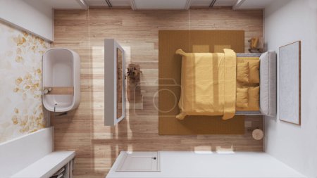 Téléchargez les photos : Chambre nordique scandinave en bois et salle de bain dans les tons blanc et jaune. Lit double et baignoire, dressing. Vue du dessus, plan, au-dessus. Design intérieur minimal - en image libre de droit