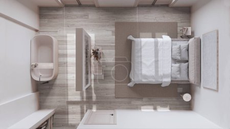 Téléchargez les photos : Chambre nordique scandinave en bois blanchi et salle de bains dans des tons blancs et beiges. Lit double et baignoire, dressing. Vue du dessus, plan, au-dessus. Design intérieur minimal - en image libre de droit