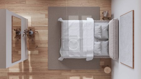 Téléchargez les photos : Chambre nordique scandinave en bois dans les tons blanc et beige. Lit double, tapis et décors. Parquet. Vue du dessus, plan, au-dessus. Design intérieur minimal - en image libre de droit