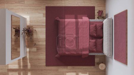 Téléchargez les photos : Chambre nordique scandinave en bois dans les tons blanc et rouge. Lit double, tapis et décors. Parquet. Vue du dessus, plan, au-dessus. Design intérieur minimal - en image libre de droit