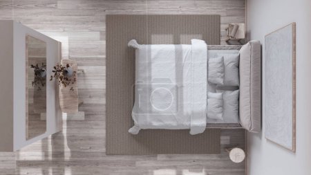 Téléchargez les photos : Chambre scandinave en bois blanchi nordique dans les tons blanc et beige. Lit double, tapis et décors. Parquet. Vue du dessus, plan, au-dessus. Design intérieur minimal - en image libre de droit